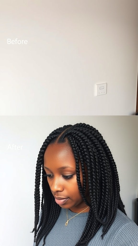 A transformation image showing before and after jumbo knotless box braids.