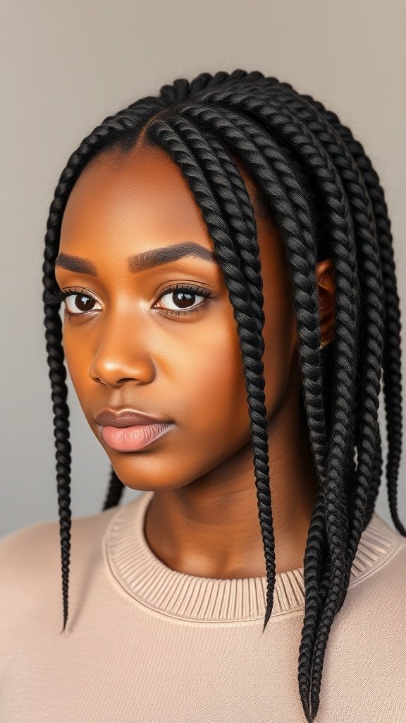 A close-up of a person with medium knotless box braids, showcasing the neat and stylish appearance of the hairstyle.