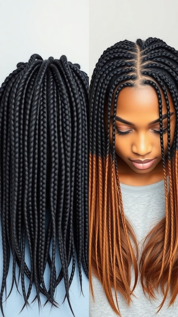A close-up view of a woman with knotless braids, showcasing a blend of dark and light colors.