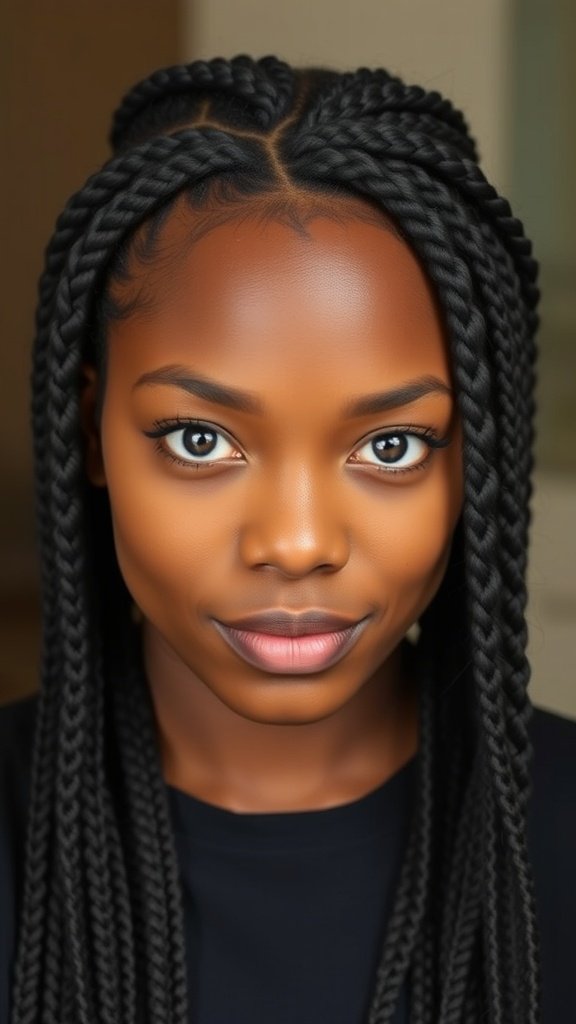 A close-up of a person with beautiful knotless boho braids, showcasing a stylish and protective hairstyle.