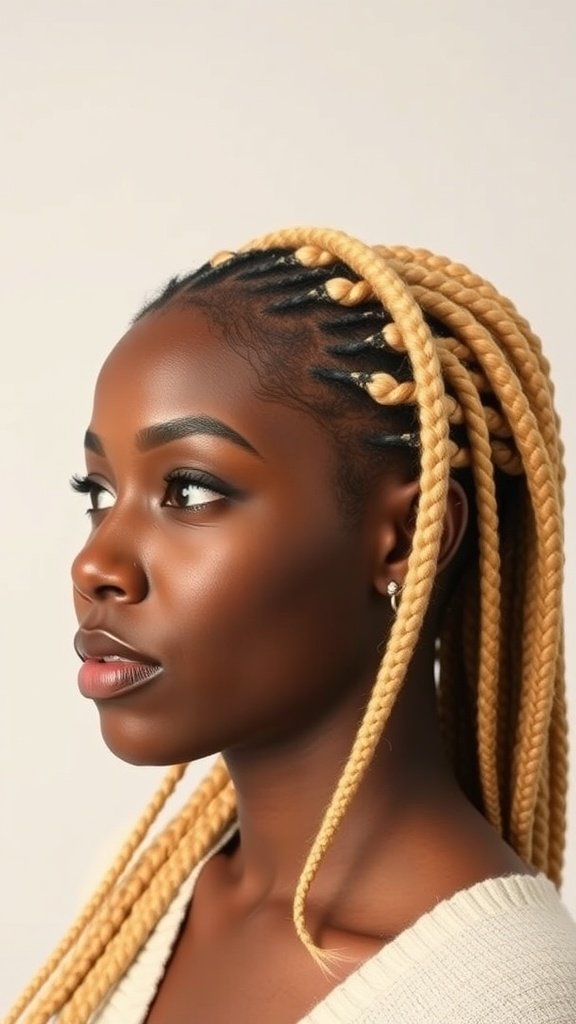 A woman with blonde knotless box braids, showcasing a stylish and protective hairstyle.