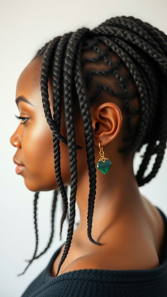 A profile view of a woman with large knotless braids styled elegantly.