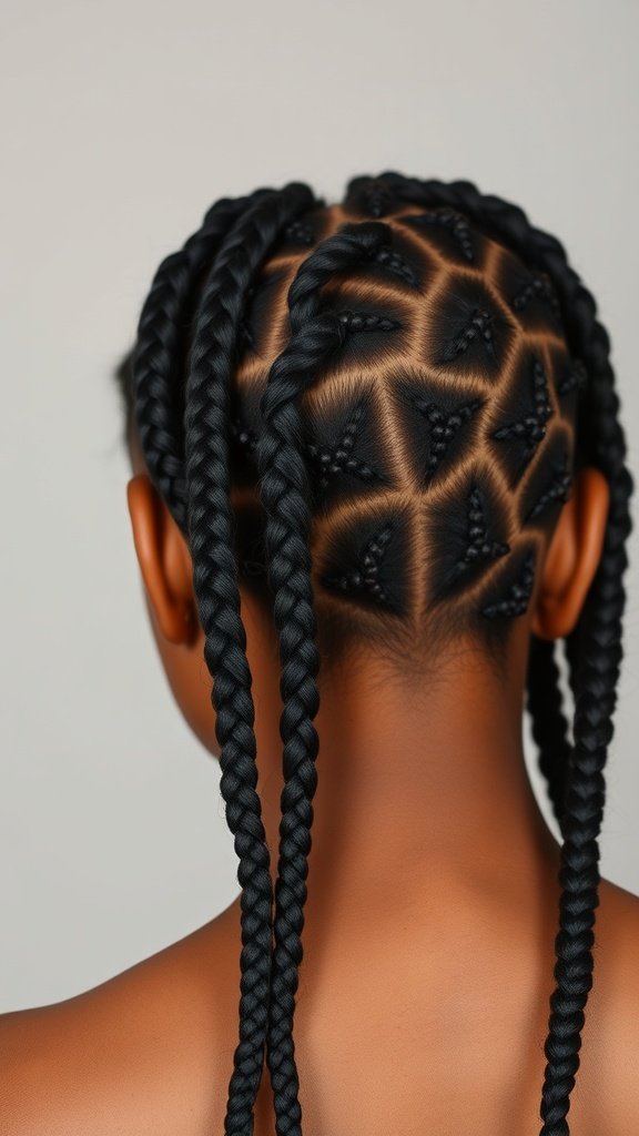 A close-up view of medium boho knotless braids with a unique scalp design.