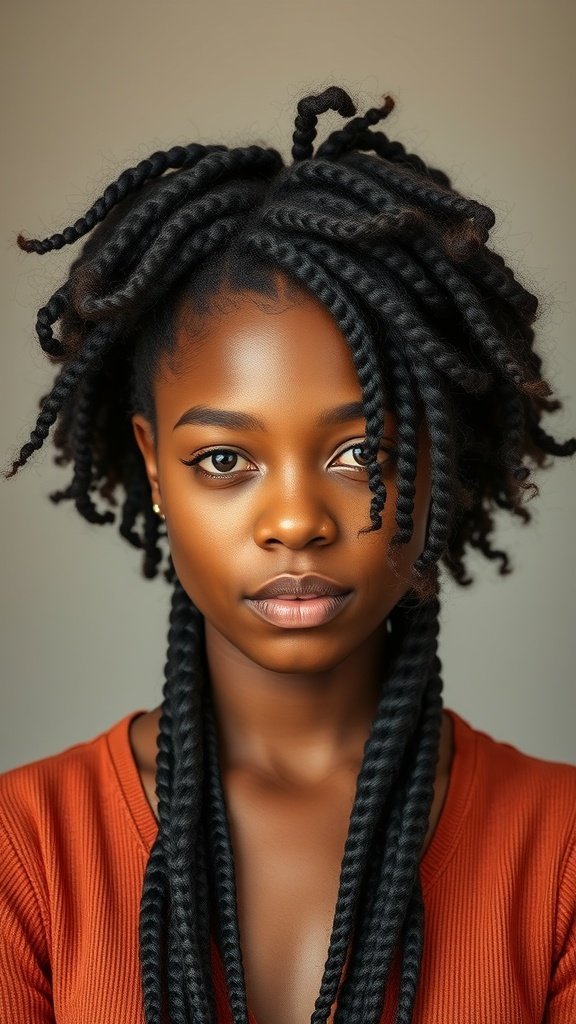 A model with xs knotless braids, showcasing a stylish and natural look.