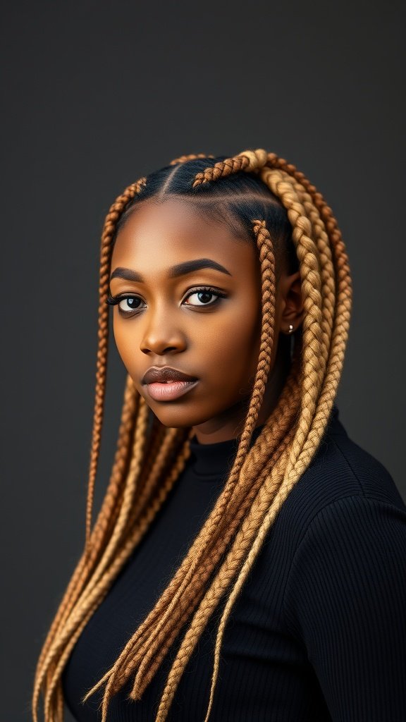A woman with blonde knotless braids, showcasing a stylish protective hairstyle.