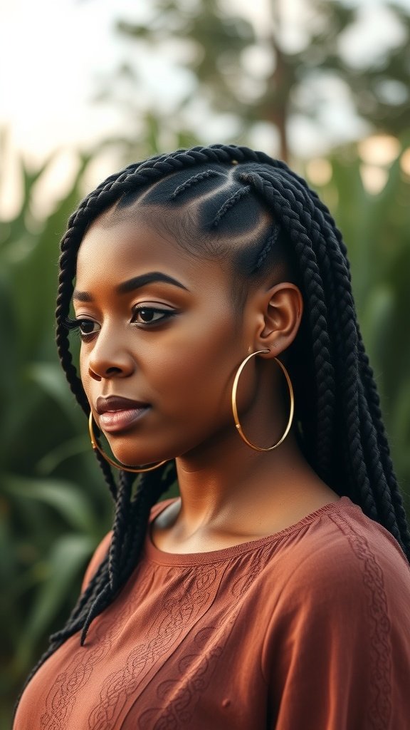 A woman with Fulani knotless braids, showcasing a stylish protective hairstyle.