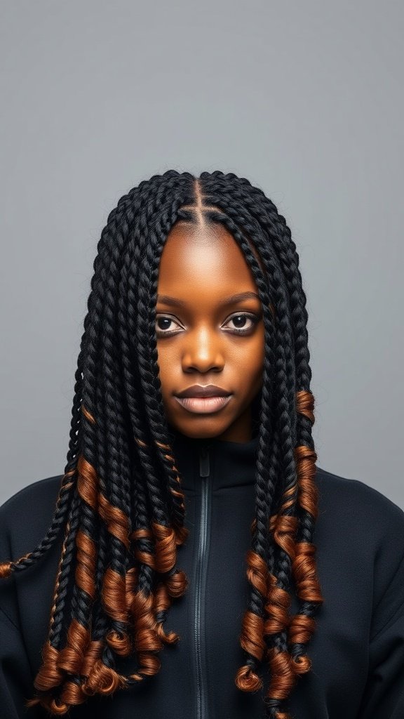 A person with short knotless braids featuring curly ends, showcasing a stylish and protective hairstyle.