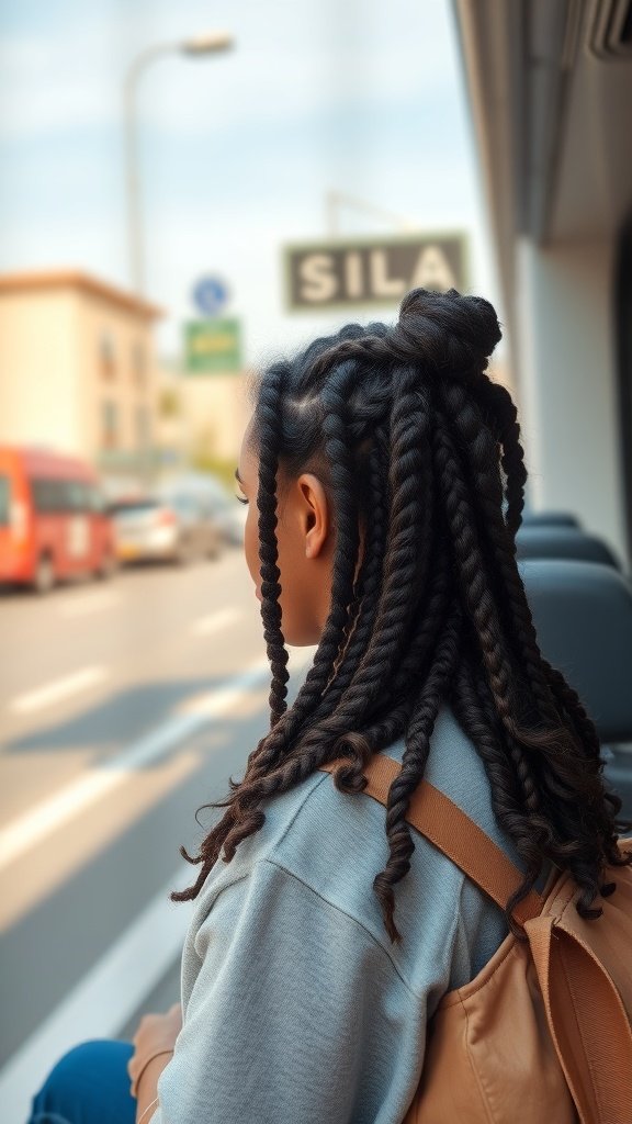 A person with short knotless braids with curly ends, sitting on a bus, showcasing a stylish and travel-friendly hairstyle.
