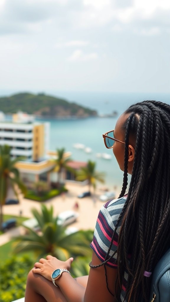 A woman with jumbo knotless box braids looking at a scenic view of the ocean and palm trees.