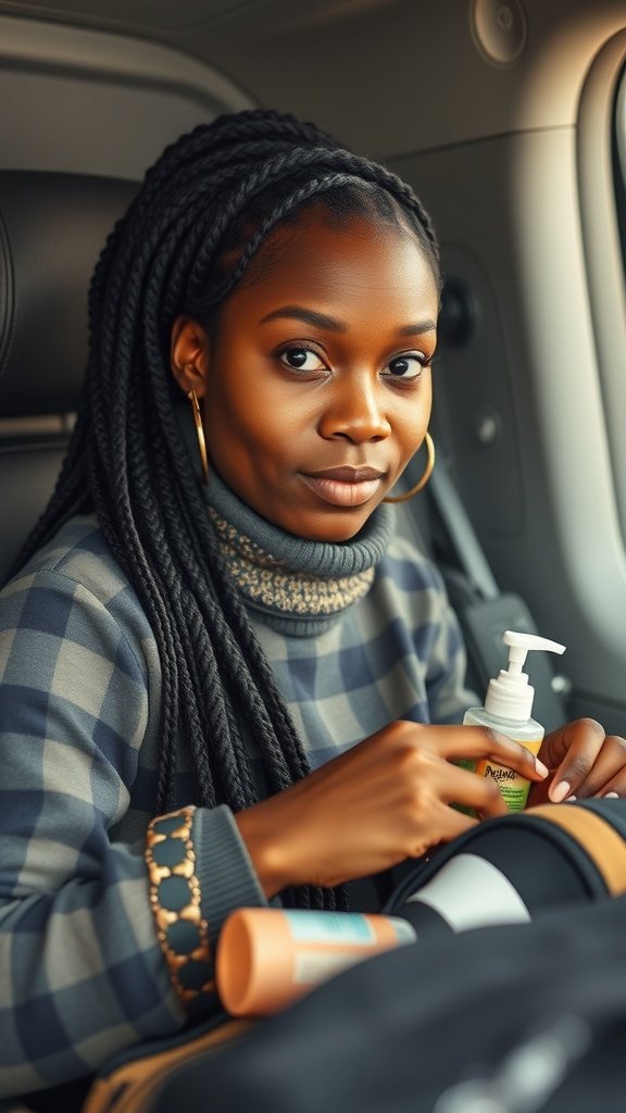 A woman with small knotless box braids, preparing hair products in a cozy setting.