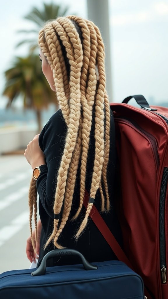 A traveler with blonde knotless box braids standing next to luggage, ready for a trip.