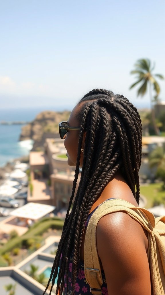 A woman with large knotless box braids enjoying a scenic view