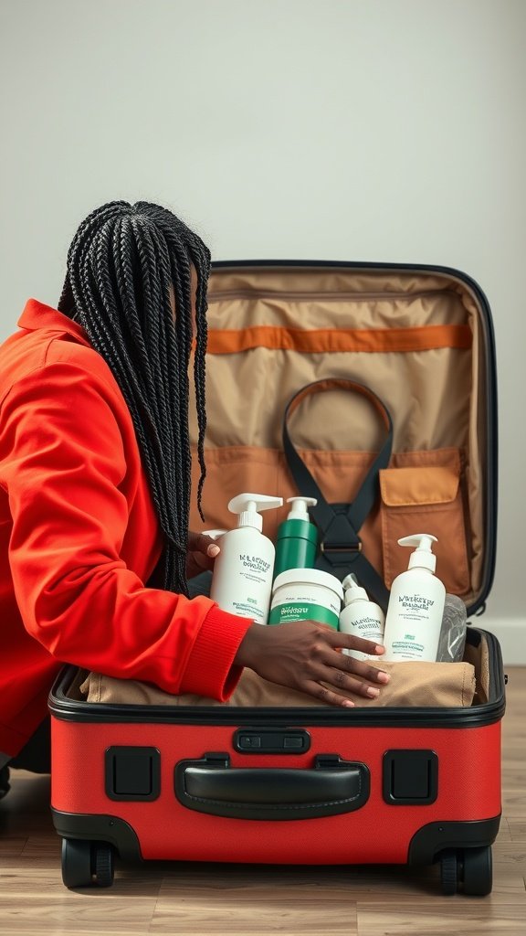 A person packing a suitcase with hair care products for traveling with knotless braids.