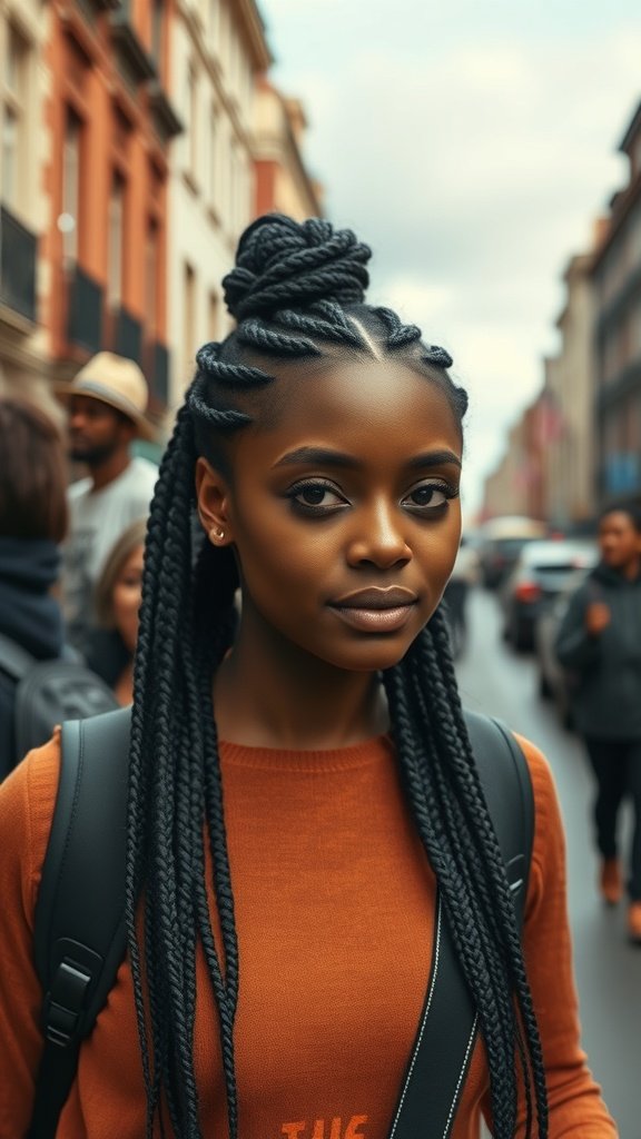A young woman with knotless braids styled in a bob, walking through a city street.