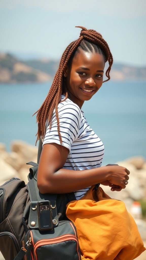 A woman with honey brown knotless braids smiling at the beach, carrying bags.