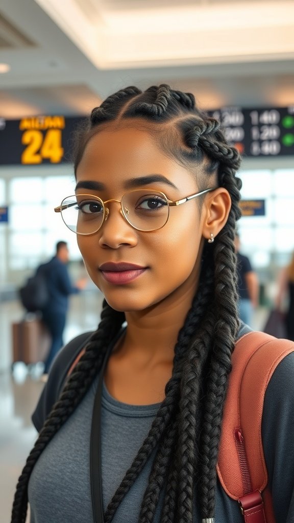 A young woman with knotless twist braids at an airport, showcasing a stylish and practical hairstyle for travel.