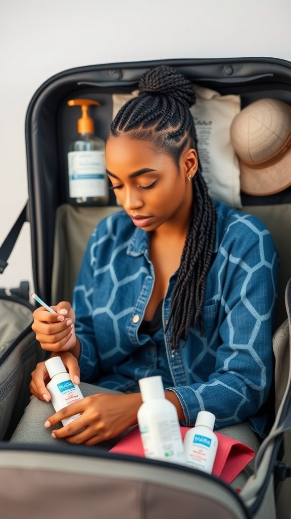 A woman packing her suitcase with hair products, showcasing her medium knotless box braids.