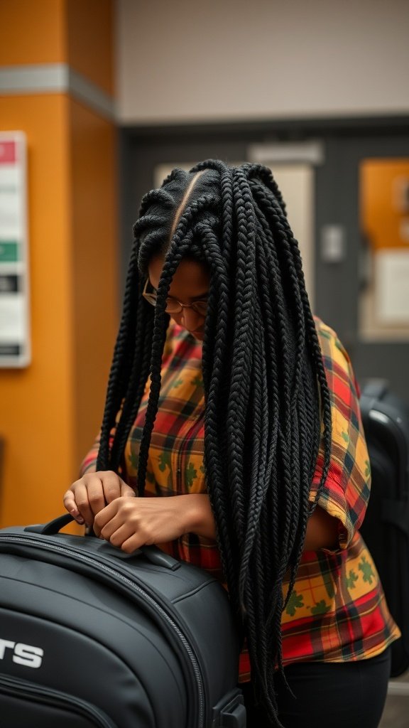 A woman with medium knotless braids preparing for travel with a suitcase.