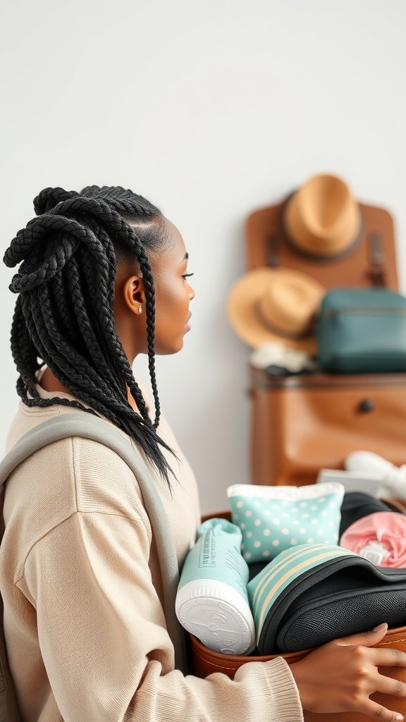 A person with XS knotless braids preparing for travel, holding a bag filled with essentials.