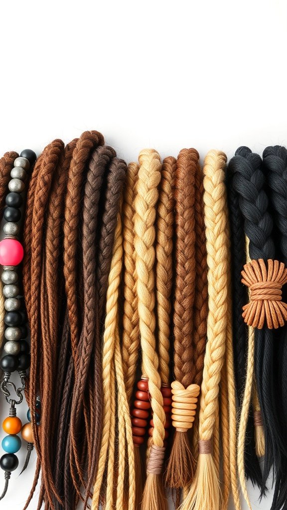 A variety of braided hair pieces in different colors and textures, showcasing trendy accessories for knotless braids.
