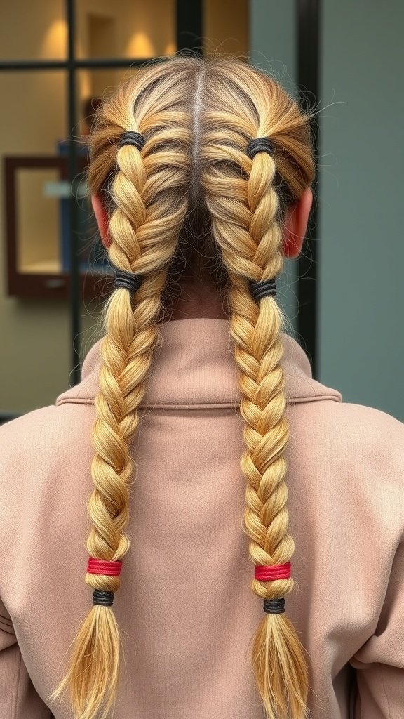 A person with honey blonde knotless braids styled with colorful hair ties.