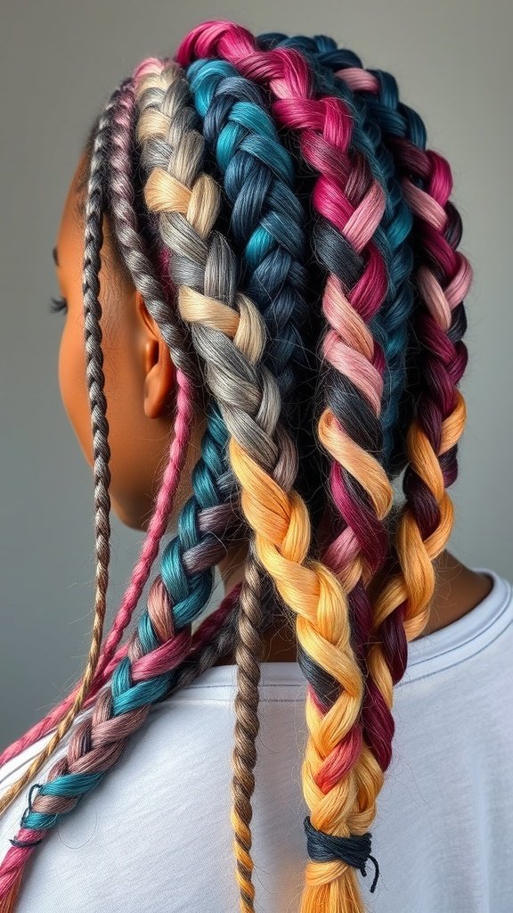 Colorful boho knotless braids featuring a mix of pink, blue, and blonde shades.