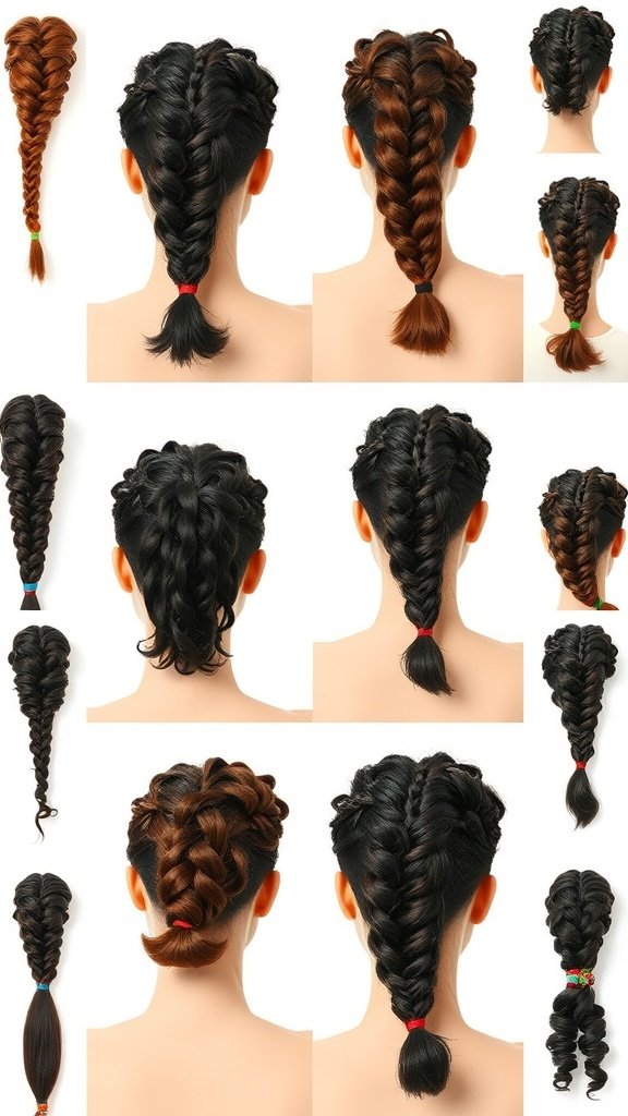 A variety of short knotless braids with curly ends, showcasing different styles and colors.