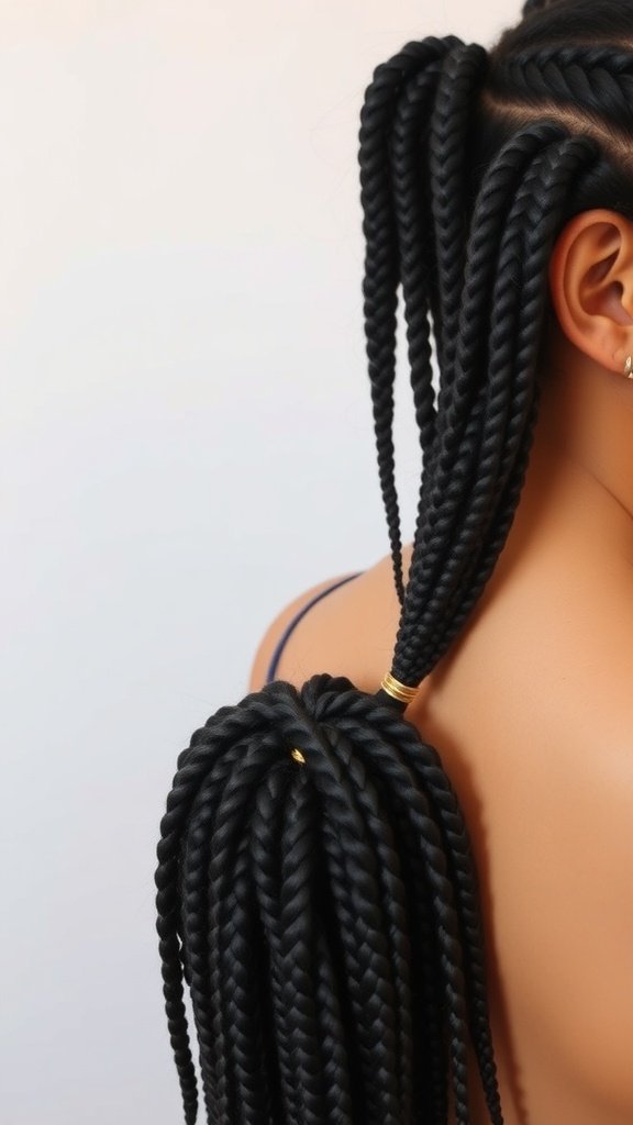 A close-up of medium knotless box braids styled with gold accessories.