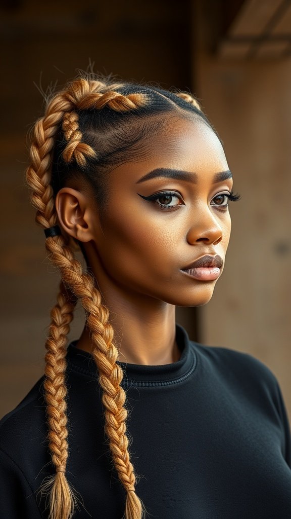 A model with honey blonde knotless braids styled in two sections, showcasing a trendy and protective hairstyle.