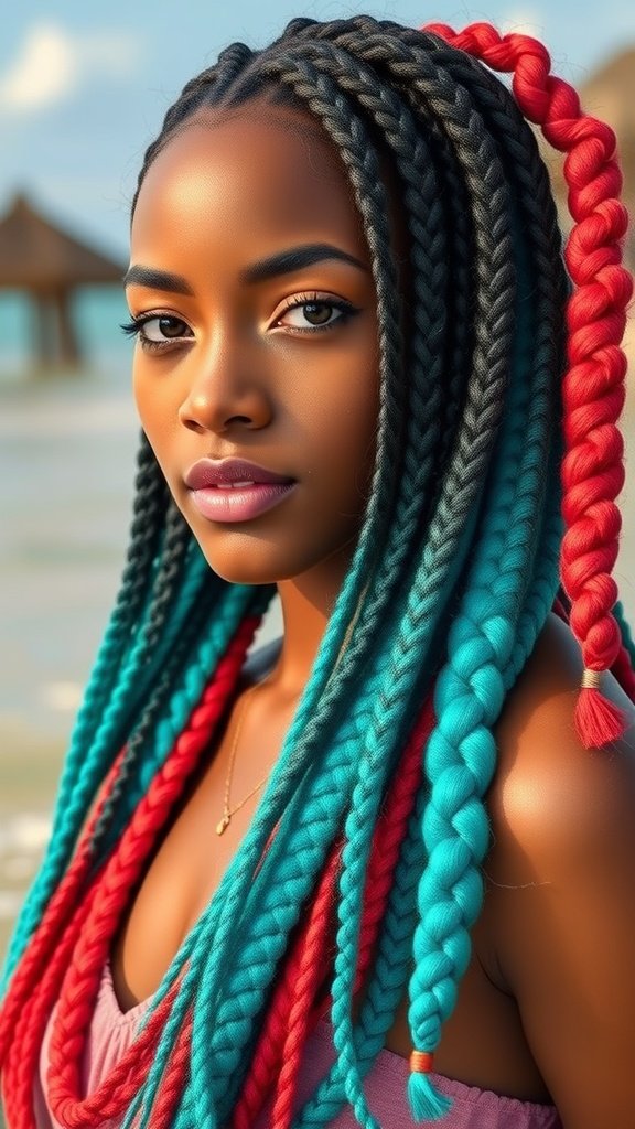 A woman with vibrant boho knotless braids in turquoise and red, showcasing a tropical vibe.