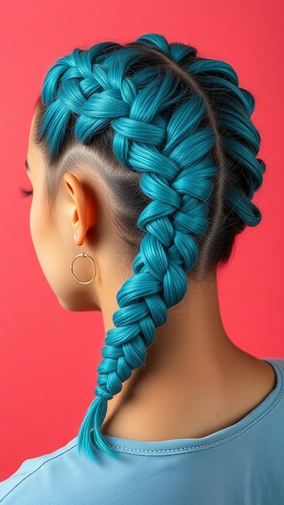 A close-up view of turquoise knotless braids styled elegantly.