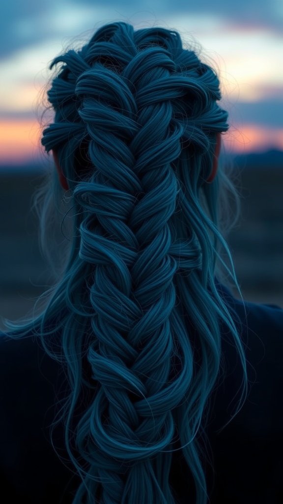A close-up view of a person with twilight blue knotless braids, showcasing the intricate braid pattern and vibrant color.
