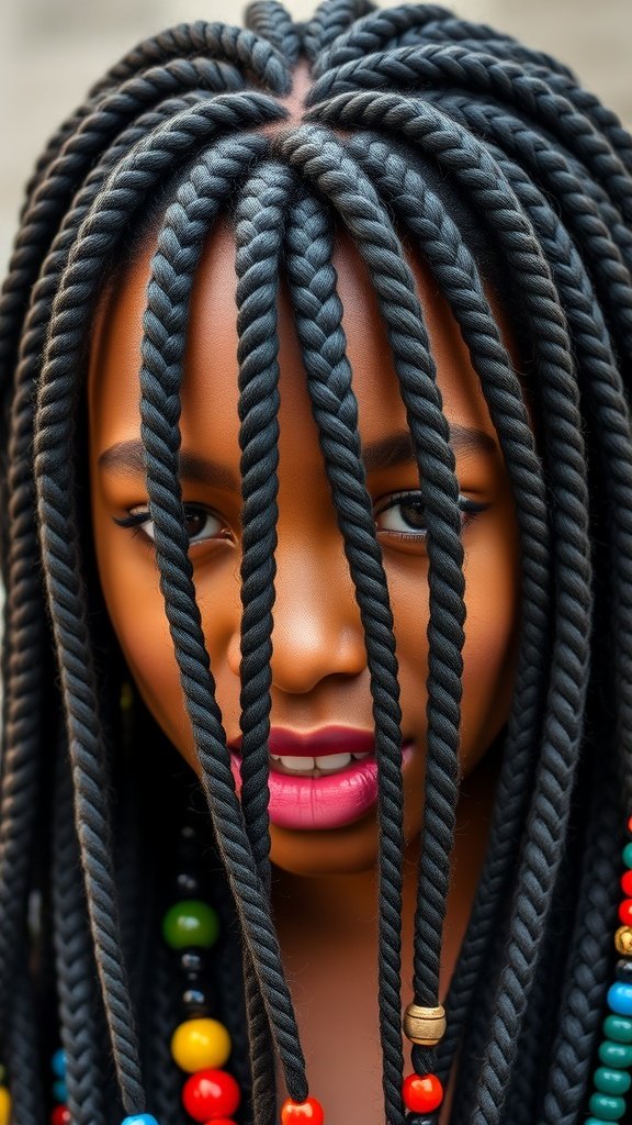 A close-up of a person with twisted braids adorned with colorful beads, showcasing a stylish hairstyle.