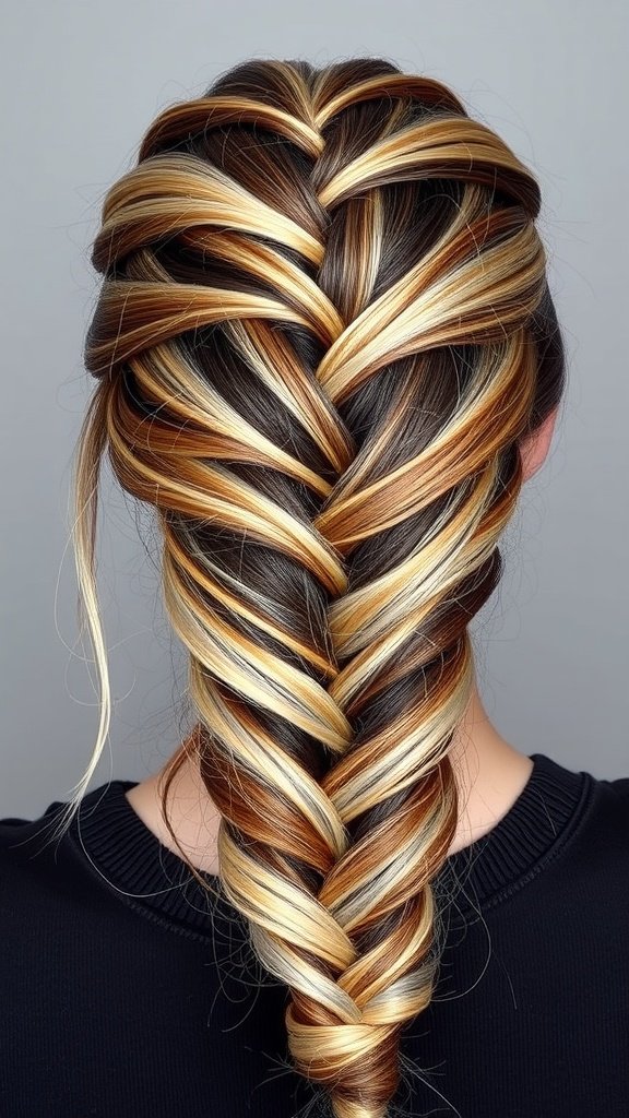 A beautiful two-tone knotless braid featuring dark brown and blonde colors.