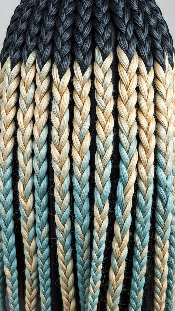 Image of two-tone knotless braids featuring black, blonde, and teal colors.