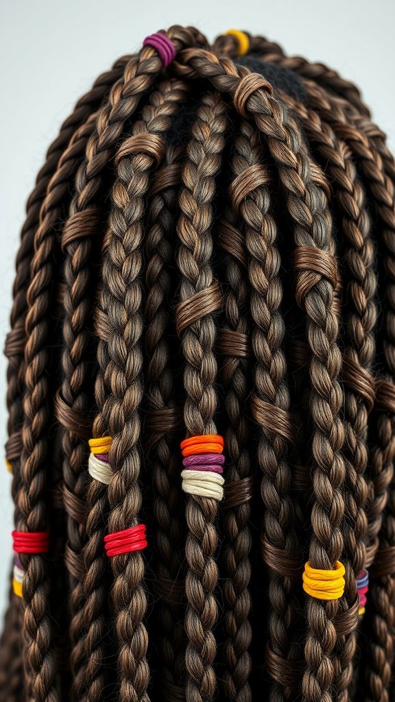 Close-up of bohemian knotless braids with colorful hair ties