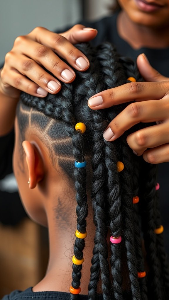 A close-up of a person getting their hair styled with knotless braids adorned with colorful beads.