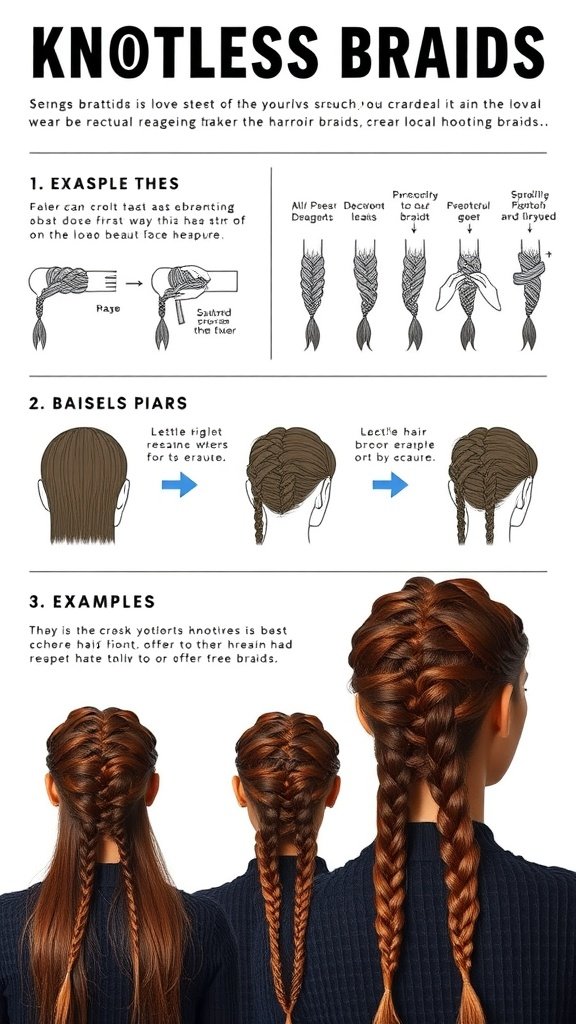 An infographic showing various styles and techniques for knotless braids.