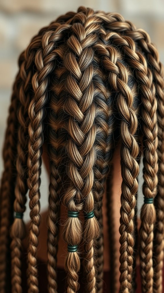 A close-up view of intricate boho knotless braids, showcasing various braid styles and curls at the ends.
