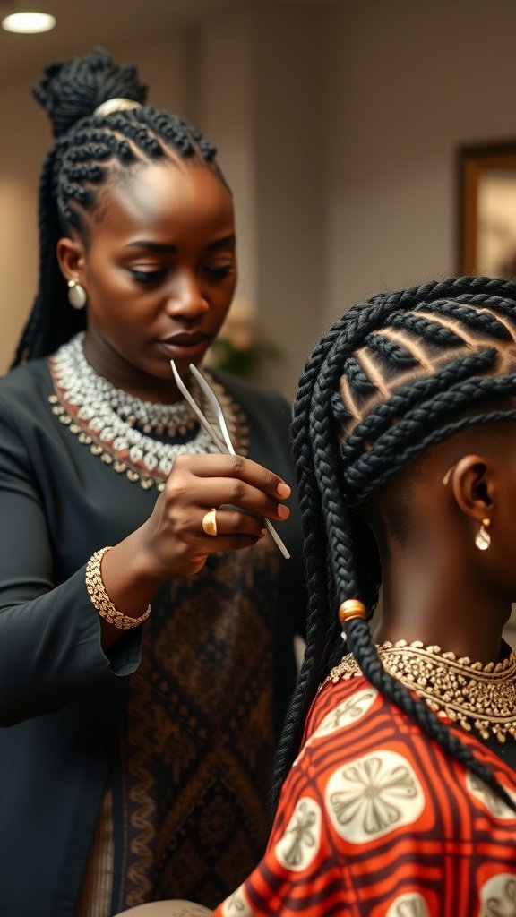 A stylist braiding Fulani knotless braids on a client's hair, showcasing intricate patterns and elegant accessories.