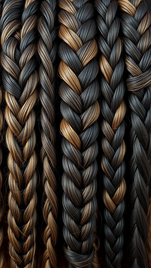 Close-up of medium knotless braids showcasing a blend of dark and light strands.