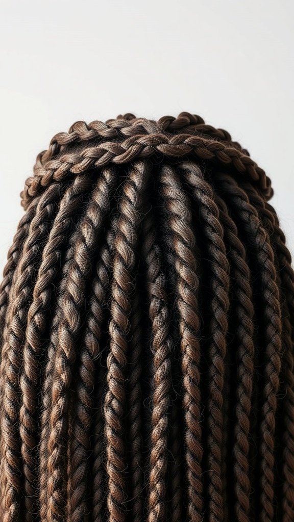 Close-up view of bohemian knotless braids styled elegantly.