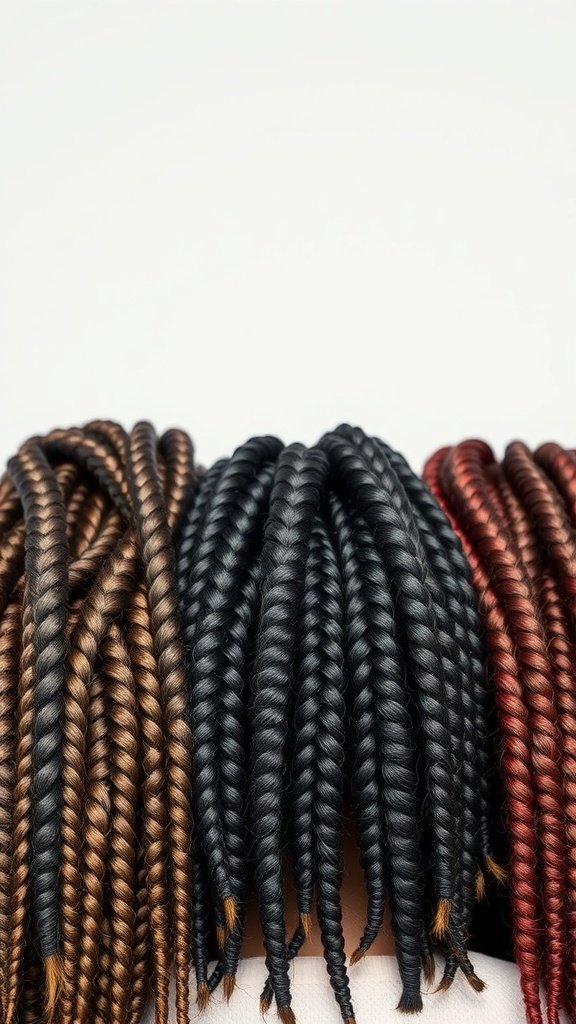 A close-up view of various short knotless box braids in different colors and textures.