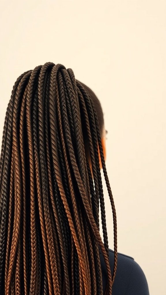 A woman with medium knotless box braids cascading down her back, showcasing a stylish protective hairstyle.