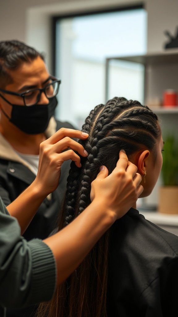 A stylist braiding hair into knotless box braids, focusing on parting and technique.