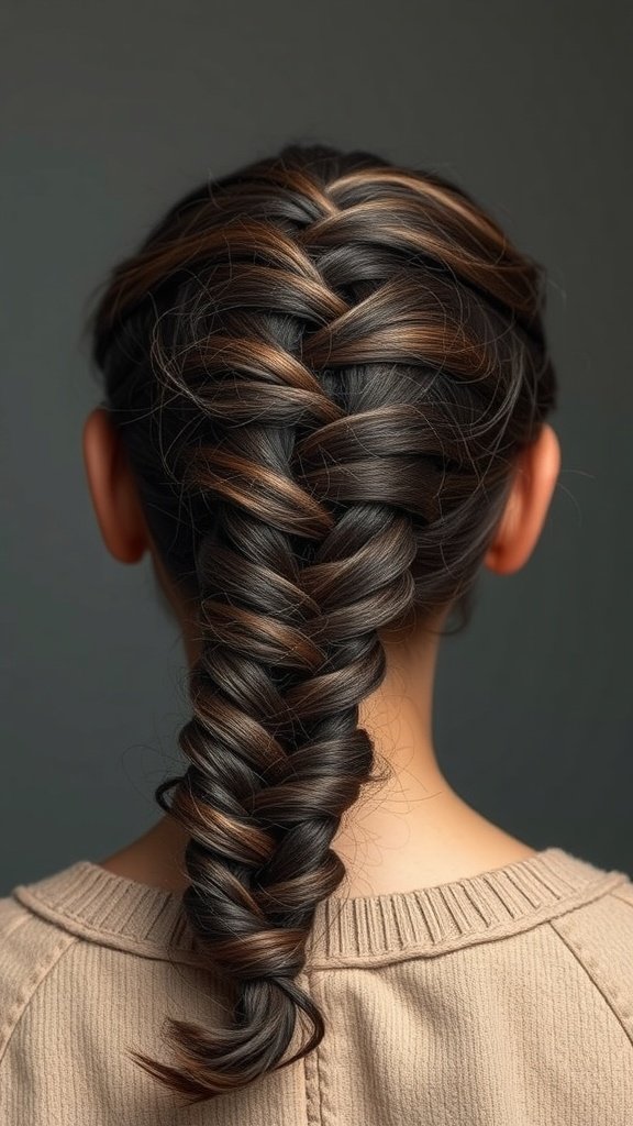 A close-up view of a person's back with a braided hairstyle featuring honey brown knotless braids.