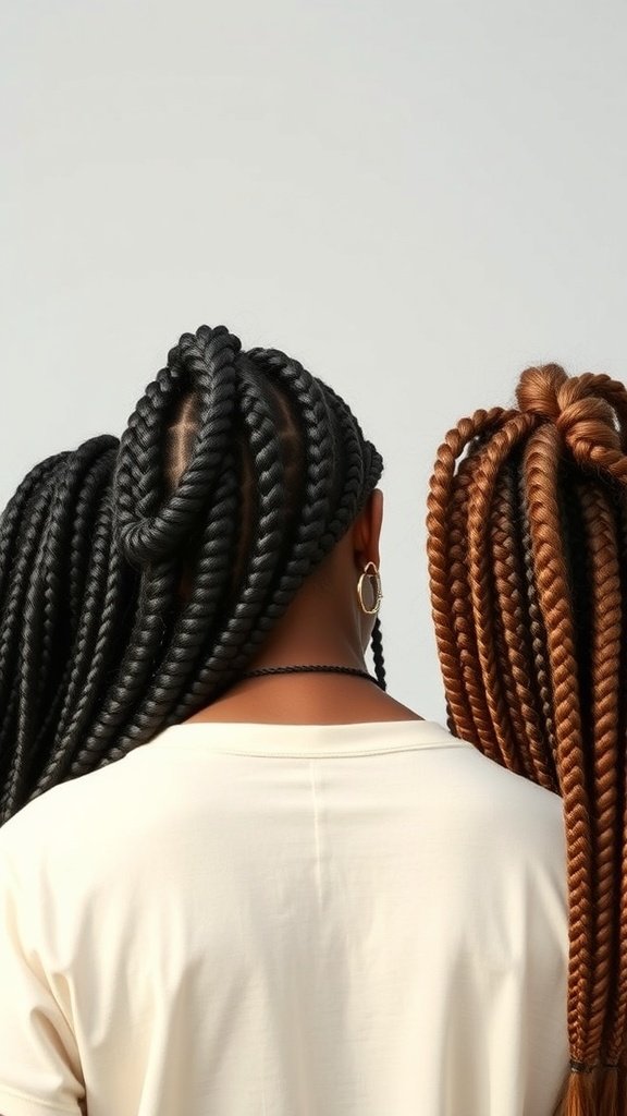 Two women with different styles of knotless braids, one with black braids and the other with brown braids.