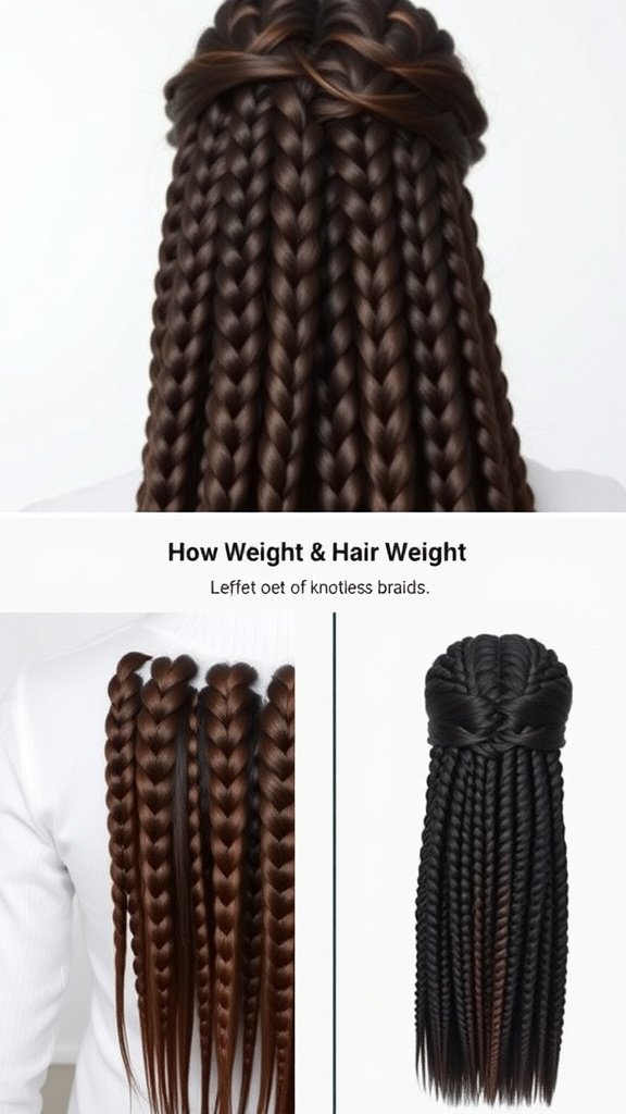 Image showing various styles of knotless braids, focusing on hair weight and length.