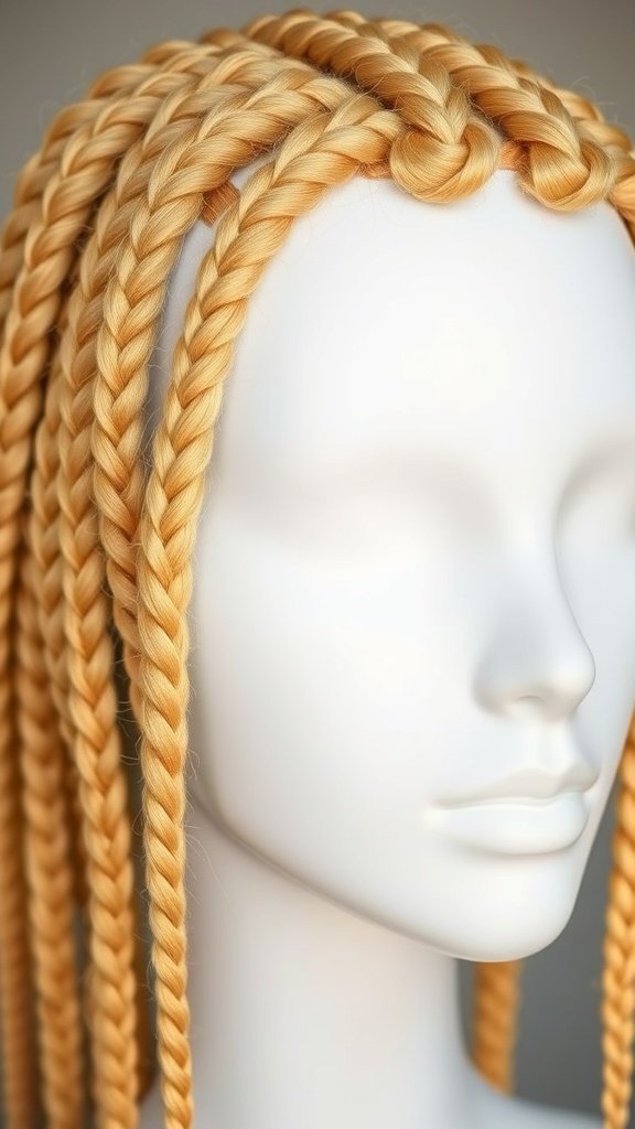 Honey blonde knotless braids displayed on a mannequin head