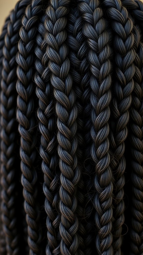 Close-up of Jumbo Boho Knotless Braids showcasing their thick, shiny texture.